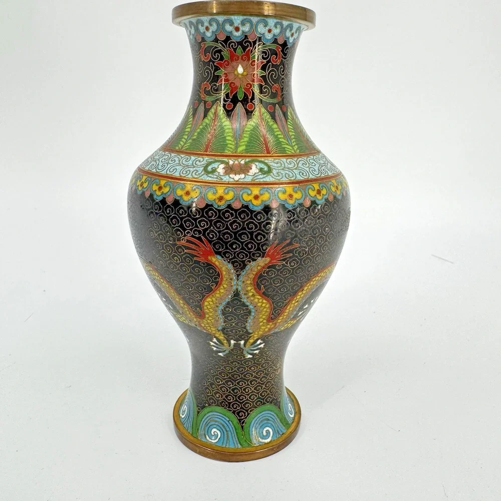 Chinese Cloisonné Floral Vase Double Dragon Black Enameled 6” Vintage Brass Edge